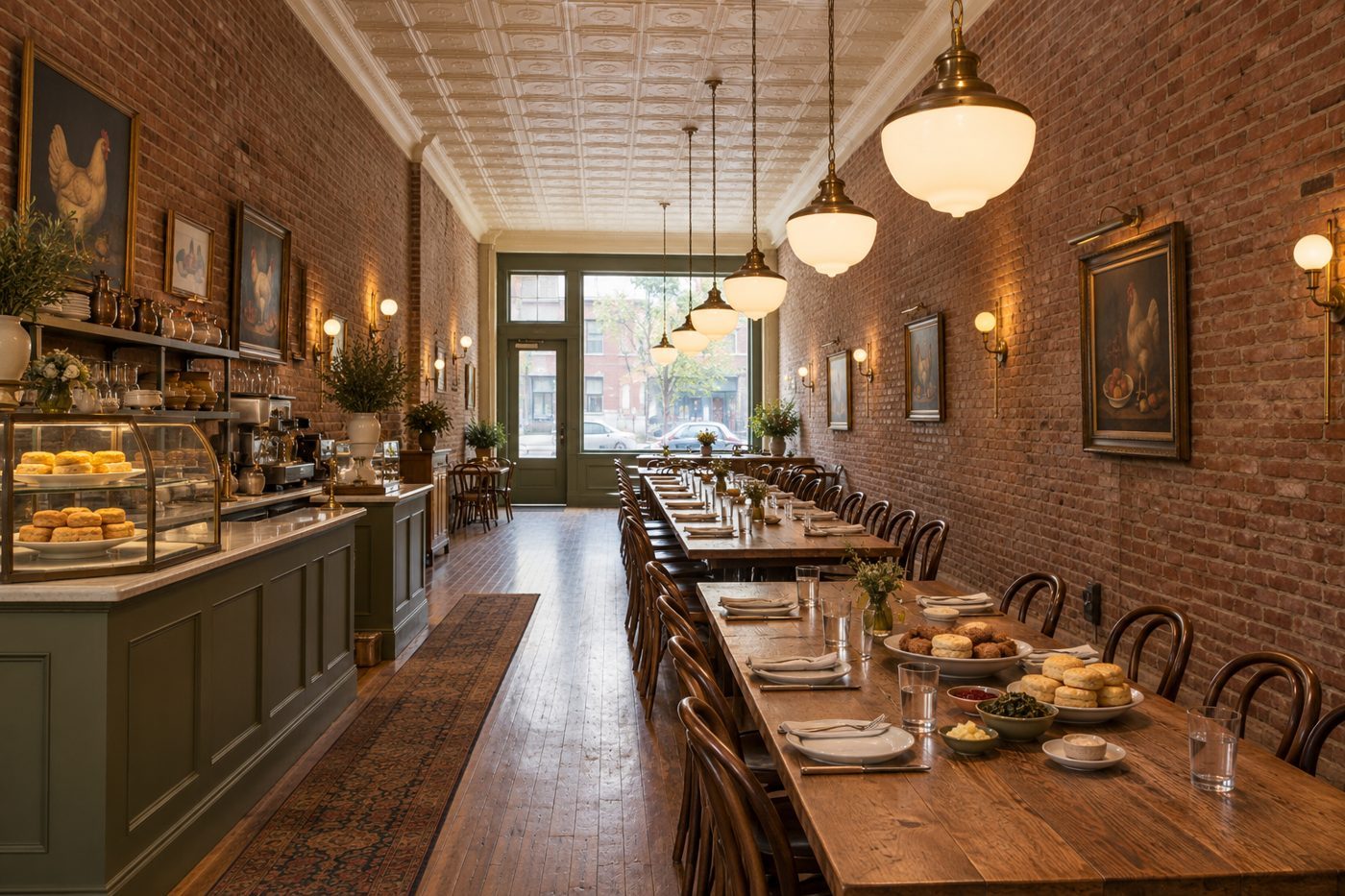 Concept rendering of a biscuit and fried chicken restaurant with exposed brick, a tin ceiling, and long communal tables