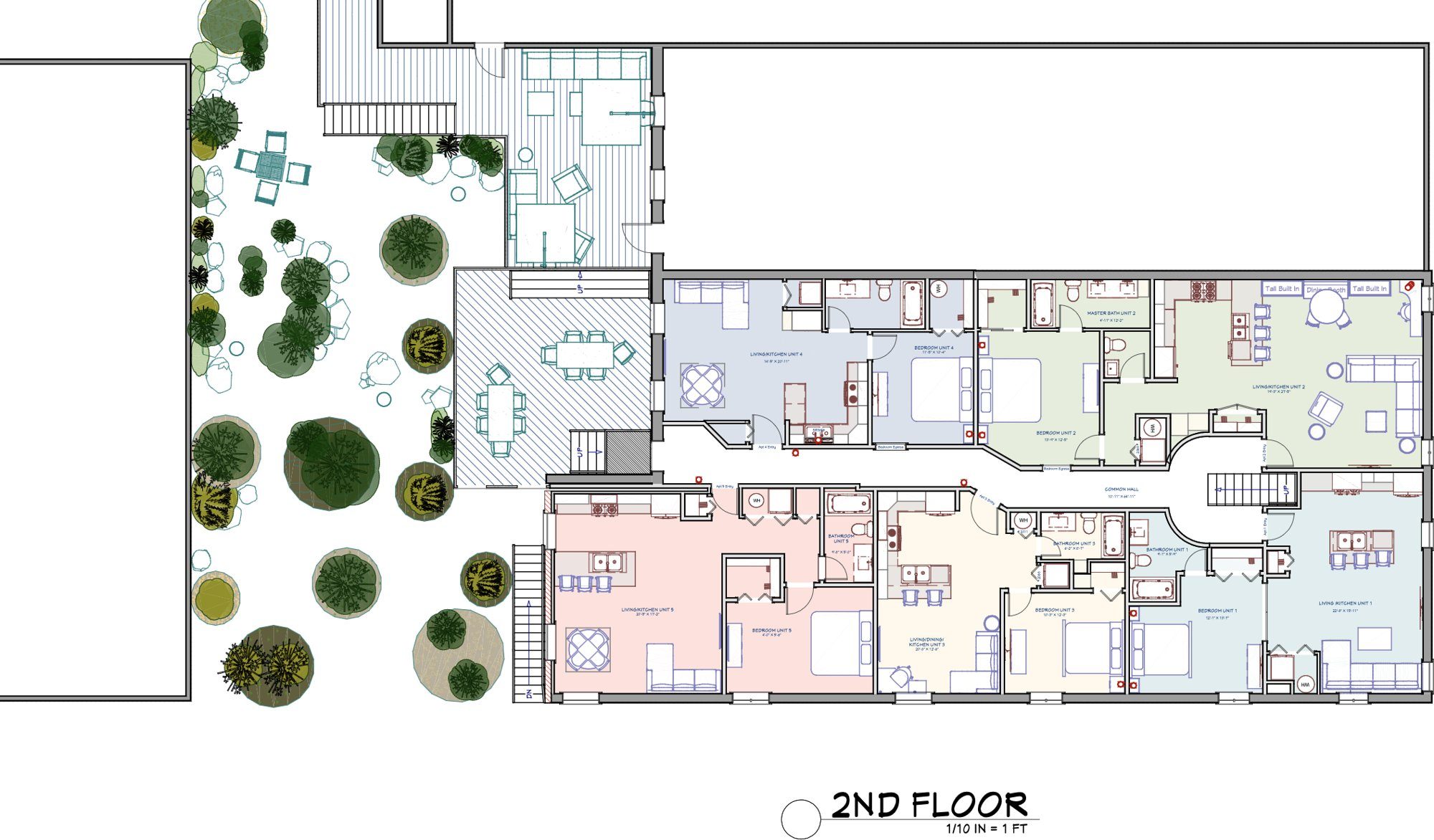 Lieb Block second-floor plan showing five one-bedroom apartments beside the garden