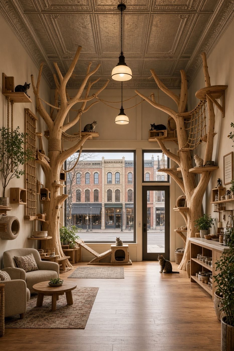 The Crafty Kitty cat lounge with tree-shaped climbers and a tin ceiling