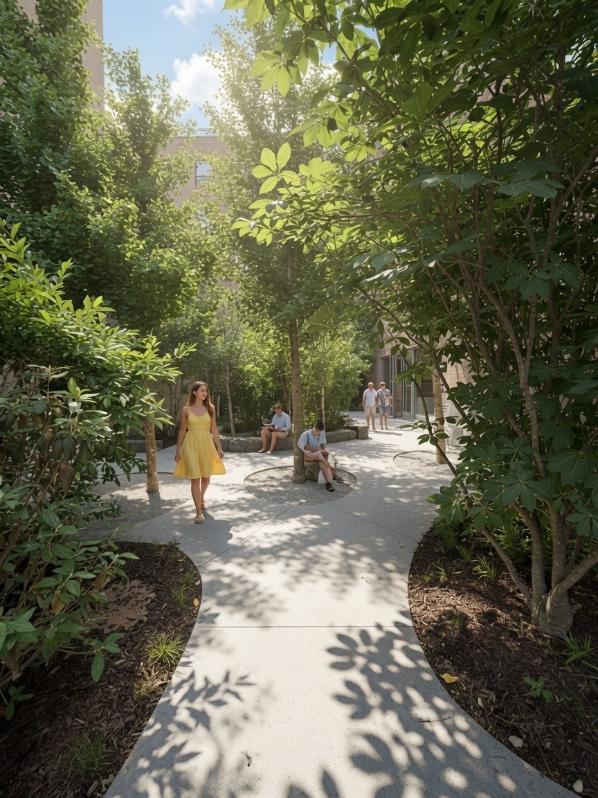 Prayer garden rendering in daytime with a winding path, trees, and people walking