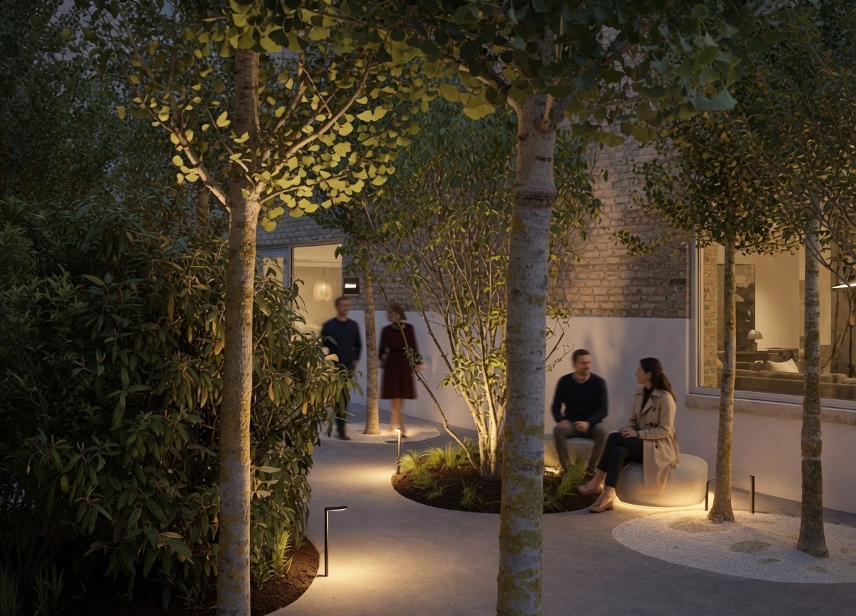 Prayer garden rendering at night, softly lit, with people gathered