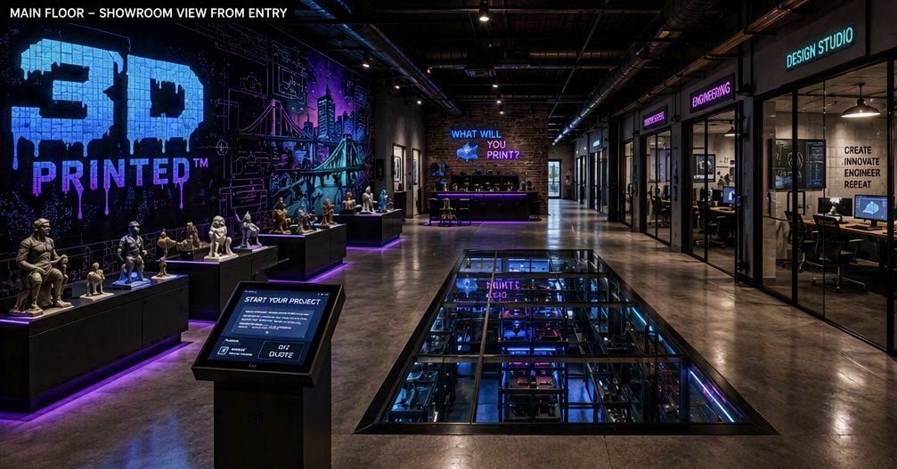 Concept rendering of the 3D Printed maker studio: a showroom of printed figures, a glowing 3D Printed mural, a glass floor over working printers, and glass-walled design rooms