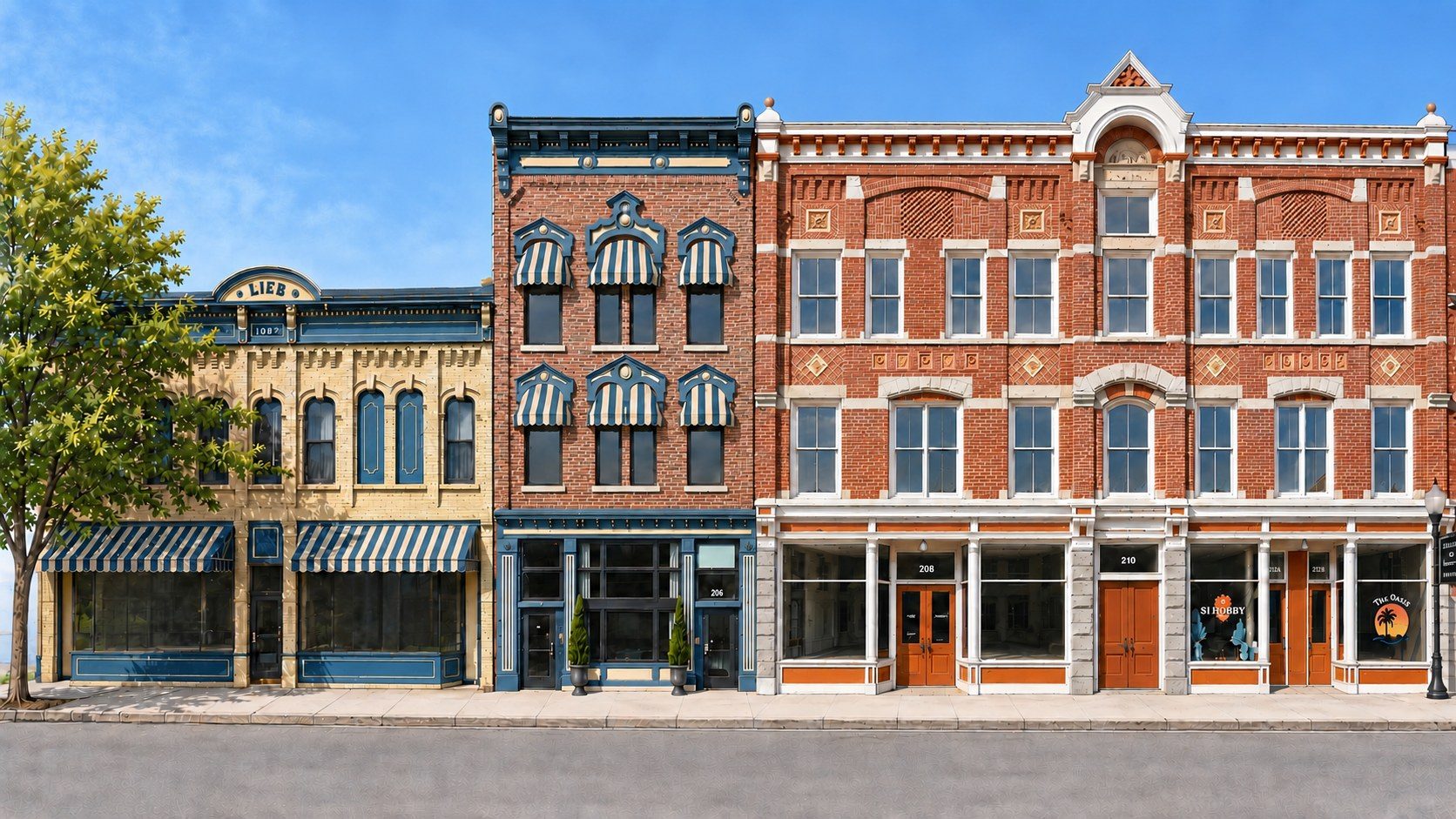 Rendering of the three buildings fully restored, with awnings and new storefronts